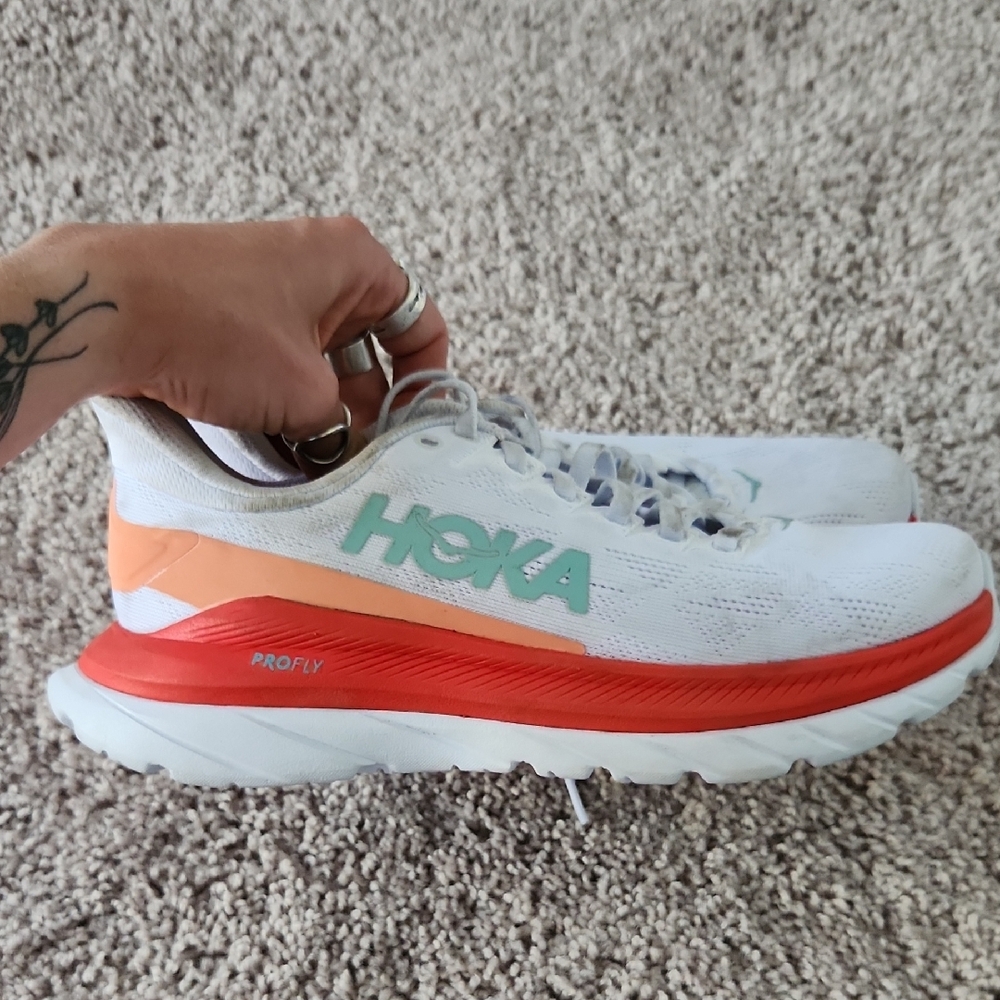 HOKA White and Red Running Shoes